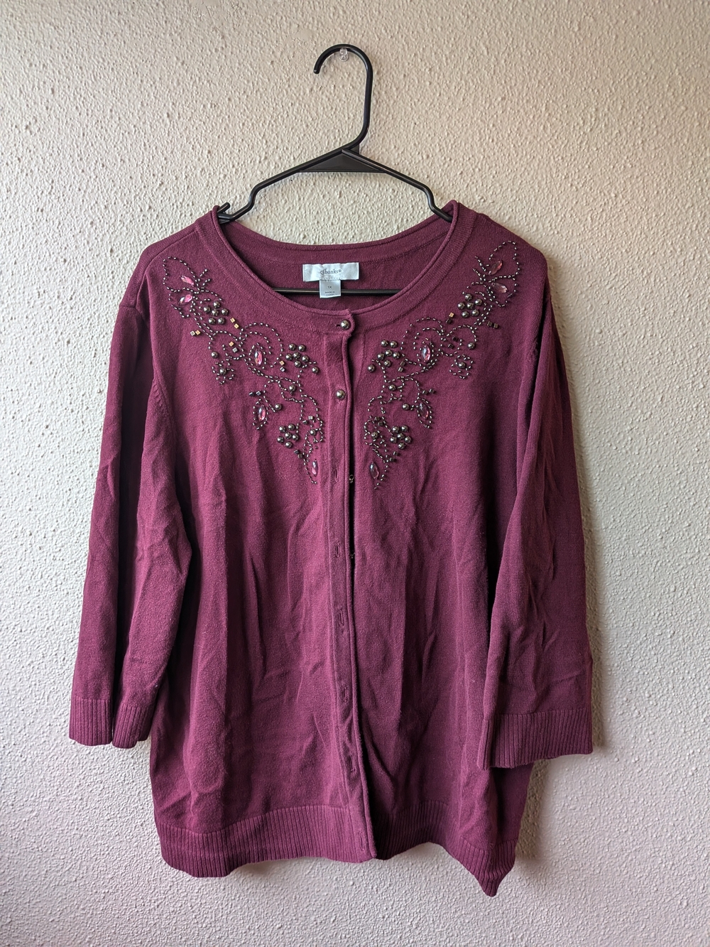 CJ Banks Embellished Crewneck Cardigan - Berry